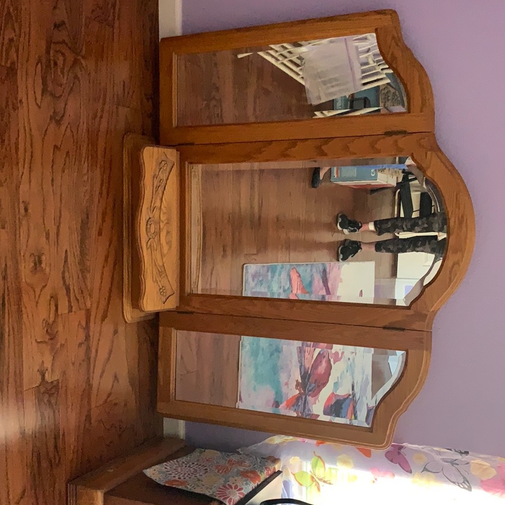 Oak wood mirror for a dresser beveled glass